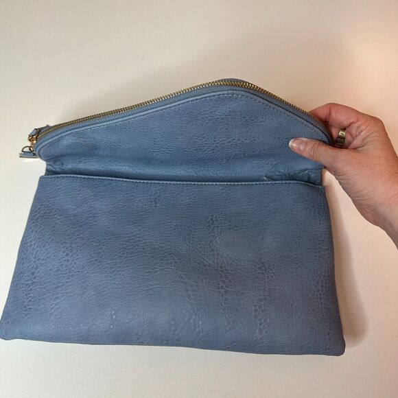 Urban Expressions Stella Dusty Blue Pebble Vegan Striped Interior Leather Clutch - Picture 11 of 16
